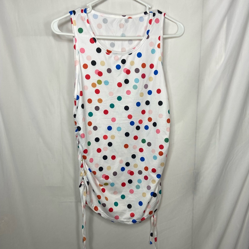 EUC SHEIN women’s‎ white multicolor polka dot ruched tie stretch tank top summer